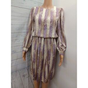 Vtg Warren Dress Striped Silky Long Sleeves Secretary Petite Sz 4 / 4P
